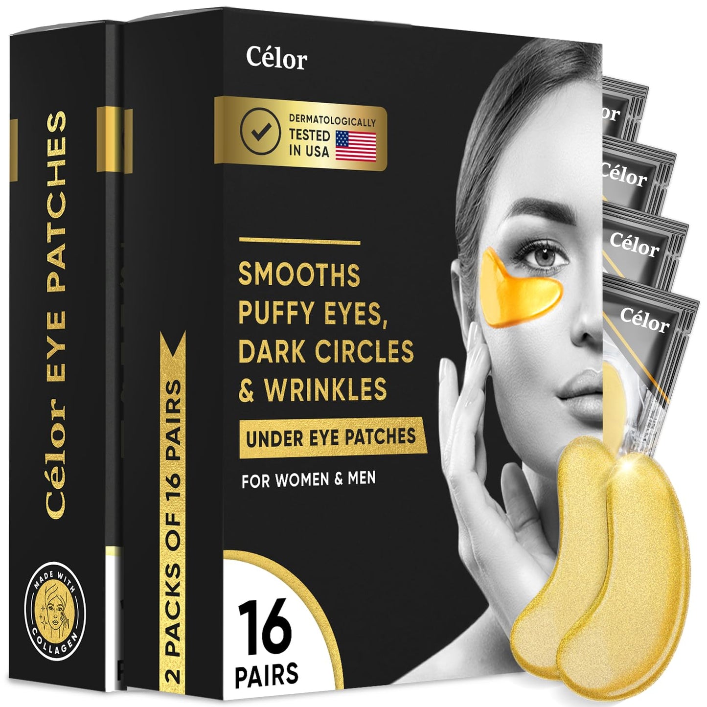CELOR Brightening Under Eye Patches (32 Pairs) - Amino & Collagen Booster Masks for Spa-Quality Home Treatment