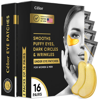 CELOR Brightening Under Eye Patches (32 Pairs) - Amino & Collagen Booster Masks for Spa-Quality Home Treatment